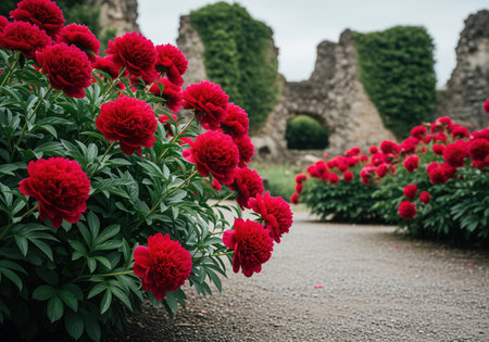 Voluminous crimson red peony flowers blooming vigorously along a rough, gravel strewn path in a historical garden setting. ancient stone ruins covered in ivy stand in the blurred background, evoking history, romance, and nature.の素材