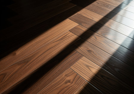 Dark espresso walnut hardwood floor laid in a sophisticated herringbone pattern. a strong diagonal beam of sunlight creates a sharp contrast with deep shadows, highlighting the rich wood grain texture and polished surface.の素材
