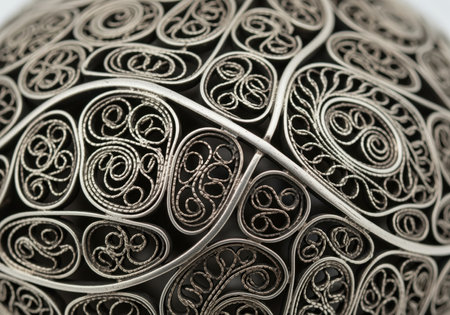 Intricate silver filigree metalwork pattern featuring delicate swirls and loops. detailed macro study highlighting traditional craftsmanship, luxury, and texture.の素材