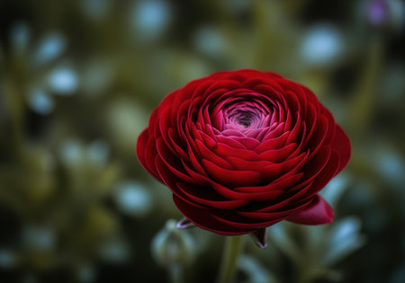 Solitary deep crimson red ranunculus flower captured in a dramatic macro close up. the layered petals stand out vividly against the dark, blurred green garden background, symbolizing romance and beauty.の素材