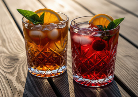 Two refreshing iced drinks, one amber tea and one ruby red cocktail, served in vintage cut crystal glasses on a rustic wooden table. garnished with orange slices, basil, and ice cubes under bright sunlight.の素材