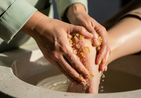Hands of a therapist applying a granular exfoliating scrub to a client foot submerged in warm water inside a basin during a professional spa pedicure session.の素材
