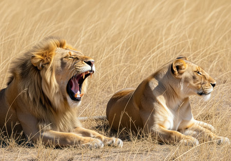 Powerful male lion yawning widely, displaying sharp teeth, resting next to a calm lioness in the dry, golden savanna grass under bright sunlight. african wildlife pair.の素材