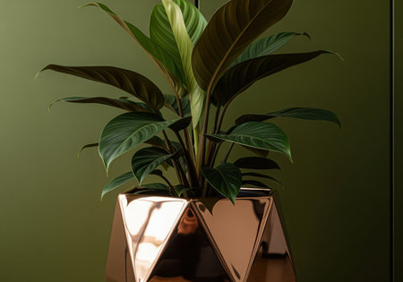 Lush green houseplant, possibly homalomena, situated in a contemporary, highly polished metallic copper planter with sharp geometric facets. modern interior decoration against a dark olive green wall.の素材