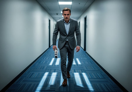 Determined young businessman in a gray suit walks down a long, vanishing point office hallway. he holds a rolled document, symbolizing corporate pressure and mission.の素材