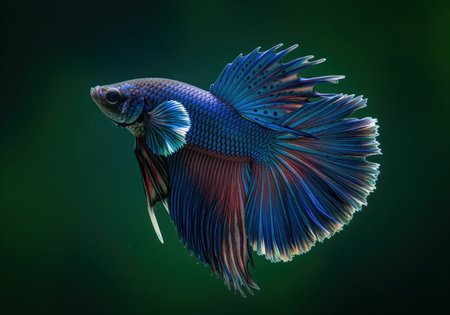 Vibrant blue and purple siamese fighting fish betta swimming gracefully against a dark, deep green background. detailed close up showcasing the flowing fins, scales, and aquatic beauty.の素材