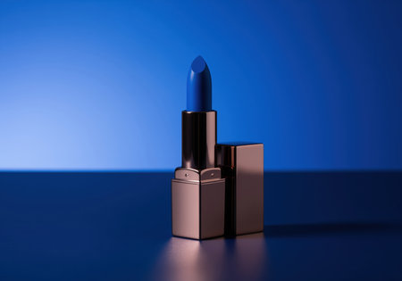 Single matte sapphire blue lipstick displayed in sleek, modern metallic packaging. studio shot against a vibrant blue background with a reflective surface, emphasizing luxury and bold beauty.の素材