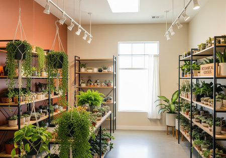 Modern boutique plant shop interior showcasing diverse houseplants, including succulents, ferns, and hanging vines, arranged neatly on stylish wooden and metal shelving units near a bright window.の素材