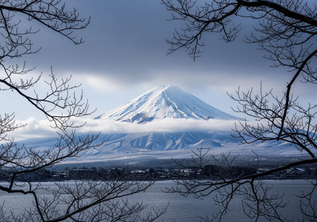 Snow covered mount fuji dominates the scene, framed by dark, bare tree branches in the foreground. low clouds shroud the base of the iconic mountain above a calm winter lake.の素材