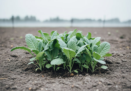 Cluster of young kale seedlings with vibrant green leaves emerging from dark, moist soil in an agricultural field. concept of organic farming, growth, and fresh produce.の素材