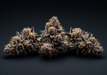Premium dark purple cannabis flower buds displayed on a dark surface, heavily coated in sticky white trichomes and orange pistils. focus on marijuana, CBD, and hemp concepts.の素材