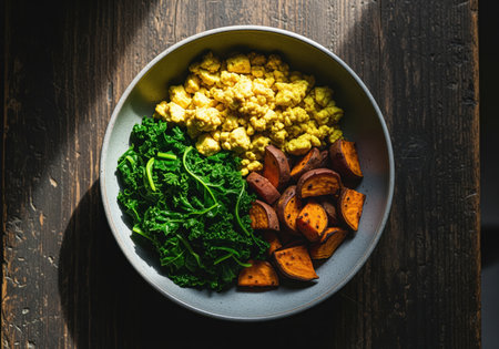 Healthy vegan breakfast bowl served in a rustic ceramic dish, featuring scrambled tofu, dark green kale, and roasted sweet potato chunks. captured in moody, natural light on a dark wooden table.の素材