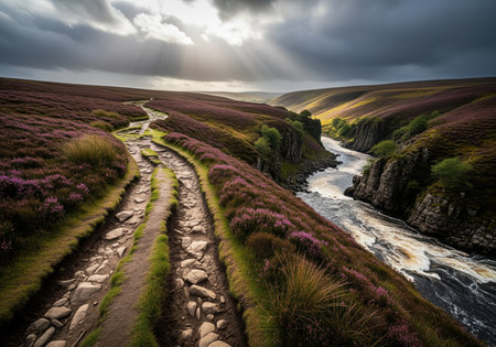 Winding, rocky path ascending a vast moorland covered in purple heather. a fast flowing river cuts through a deep gorge below, illuminated by dramatic sun rays breaking through dark clouds.の素材