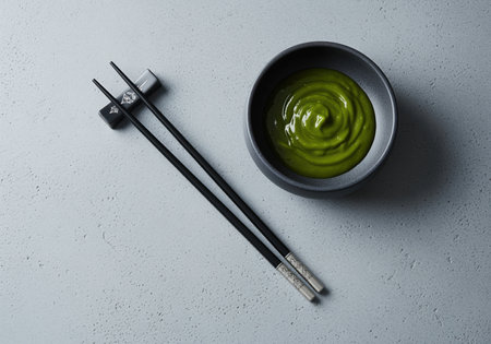 Black lacquered chopsticks resting next to a small, dark ceramic bowl filled with vibrant green sauce or paste, possibly matcha or wasabi, presented in a minimalist flat lay composition on a textured gray surface.の素材