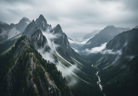 Rugged mountain peaks and ridges shrouded in swirling mist and low clouds under a dark, overcast sky. a deep, forested valley below features a winding river. atmospheric and dramatic alpine landscape.の素材