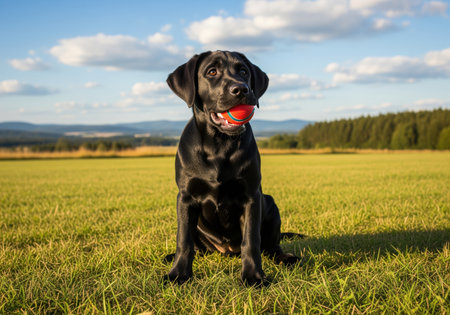 Black labrador dog sitting patiently in a lush green field under a bright blue sky, holding a vibrant red toy ball firmly in its mouth.の素材