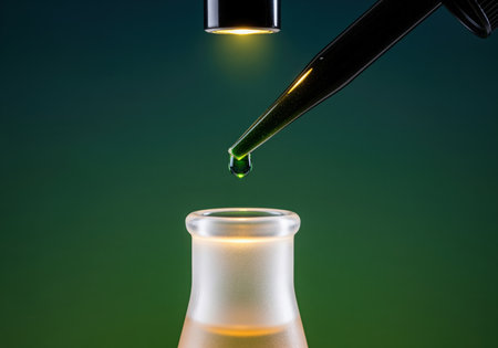 A vibrant green drop of chemical liquid falls from a pipette into a laboratory flask, illuminated by warm light, representing scientific research and testing.の素材