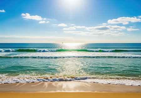 Golden sand beach meeting the vibrant turquoise ocean under a clear blue sky with scattered clouds. bright sunlight reflects intensely off the rolling waves, creating a dazzling summer seascape. perfect for travel and vacation themes.の素材