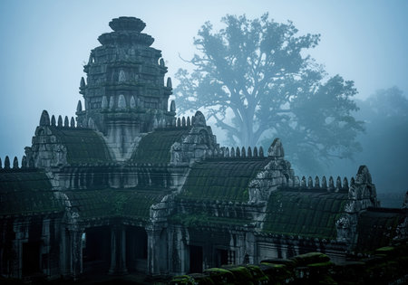 Ancient khmer temple structure, possibly angkor wat, covered in dark moss and stone carvings, shrouded in heavy morning fog. mysterious and historical travel scene.の素材