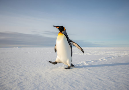 Majestic king penguin waddling across a pristine expanse of snow and ice in the antarctic region. focus on wildlife, survival, and remote cold habitat.の素材