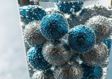 Blue and silver spheres covered in tiny effervescent bubbles submerged in clear carbonated liquid inside a glass. abstract macro view emphasizing texture and refreshment.の素材