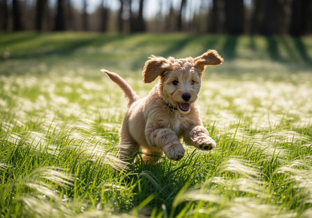 Miniature goldendoodle puppy with light brown fur running and jumping dynamically through a sunny field of tall, waving green grass. energetic, happy dog enjoying outdoor play in nature during spring.の素材
