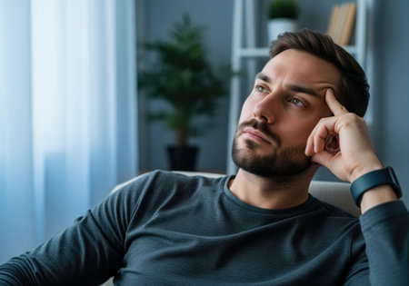 Serious bearded man concentrating deeply, resting his hand on his temple while looking up and away, symbolizing thought, stress, contemplation, and problem solving.の素材