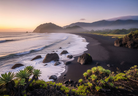 Remote volcanic black sand beach landscape at dawn, featuring crashing ocean waves, large rocks, and lush tropical vegetation in the foreground. misty mountains rise in the background under a colorful sunrise sky.の素材