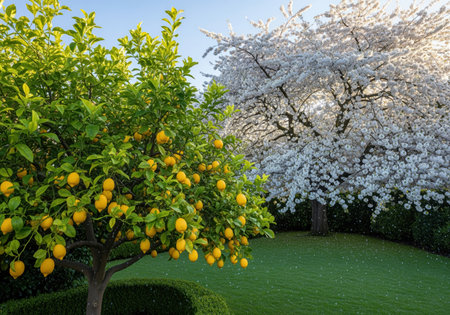 Lemon tree heavy with bright yellow fruit standing adjacent to a large tree covered in delicate white cherry blossoms in a lush green garden under a blue sky. this scene represents the contrast of fruitfulness and spring bloom.の素材