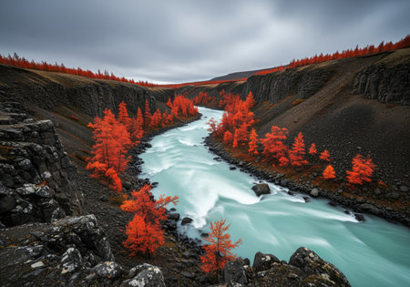 Milky blue glacial river flows through a deep, dark canyon lined with vibrant orange autumn trees under a dramatic overcast sky, showcasing wilderness and nature.の素材
