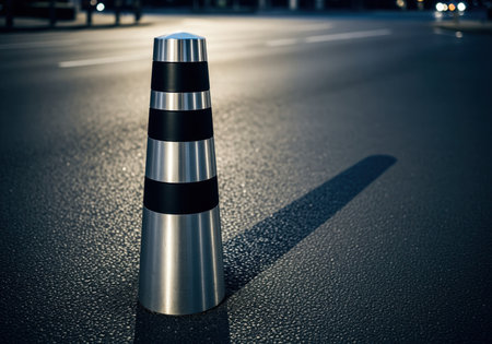 Sleek, conical metallic bollard with reflective silver and black stripes standing firmly on dark, wet asphalt pavement. illuminated by artificial light, casting a long shadow in the urban night scene.の素材