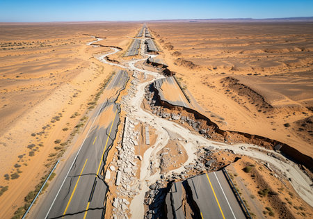 Severely damaged asphalt highway in an arid desert landscape, split and eroded by a catastrophic flash flood, illustrating infrastructure failure and climate impact.の素材