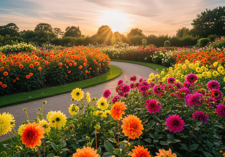 Vibrant dahlia flowers in full bloom, featuring orange, yellow, and magenta colors, line a curving walkway in a lush garden setting. warm golden hour sunlight streams through the trees.の素材