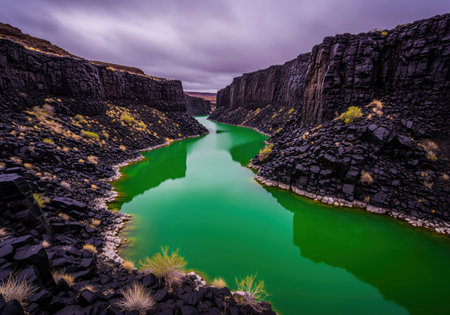 Striking geological landscape featuring a narrow gorge carved through black columnar basalt cliffs. the central river glows with an intense emerald green color under a dramatic, overcast sky.の素材