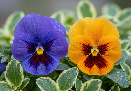 Two vibrant pansy flowers, one indigo blue and one yellow orange, covered in fresh water droplets, blooming among variegated green leaves. close up view showcasing the detailed petals and color contrast.の素材