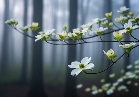 White dogwood flowers blooming on slender branches, featuring delicate petals and water drops. the scene is set against a dark, foggy forest background with soft focus bokeh.の素材