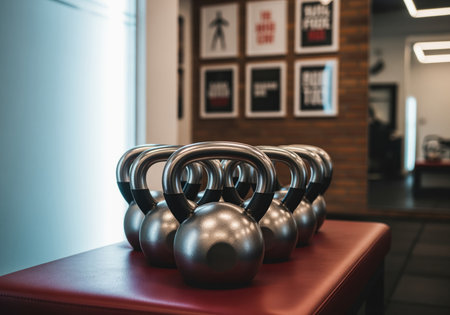 Row of shiny metallic kettlebells with black handles neatly placed on a red workout bench inside a modern fitness studio. essential equipment for strength training and healthy lifestyle.の素材