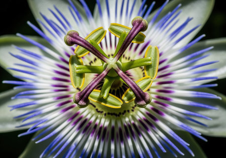Intricate center of a passionflower passiflora blossom captured in extreme macro detail. features vibrant purple, blue, and white corona filaments, green filaments, and prominent stigmas against a dark background. focus on botanical structure and color.の素材