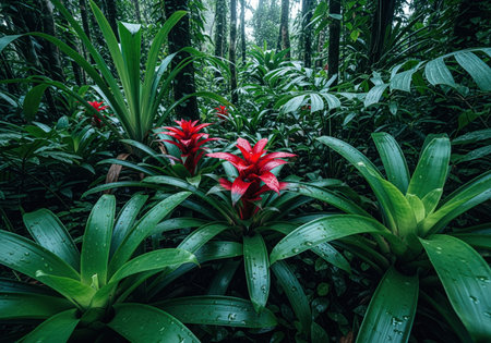 Vibrant red bromeliad flowers stand out against the dense, dark green foliage of the tropical rainforest undergrowth. wet leaves covered in water droplets emphasize humidity and lush growth.の素材