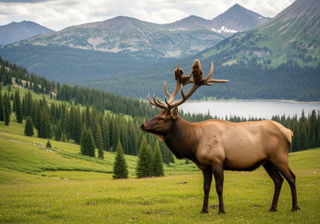 Majestic bull elk with massive velvet antlers stands proudly in a lush green alpine meadow. background features dense pine forests, a calm lake, and towering mountains under a cloudy sky.の素材