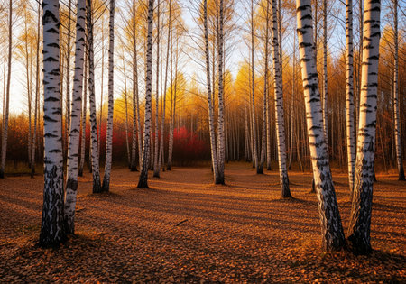 Birch tree forest scene during golden hour in late autumn. white trunks stand tall amidst a carpet of brown and orange fallen leaves, illuminated by warm sunlight.の素材