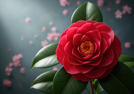 Deep red camellia flower displaying lush, velvety petals and a bright yellow center, framed by dark green leaves against a moody, dark background.の素材
