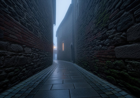 Narrow, wet cobblestone alleyway between towering ancient stone and brick walls, heavily shrouded in thick, cold fog at night. mysterious, dark, and moody european street scene.の素材