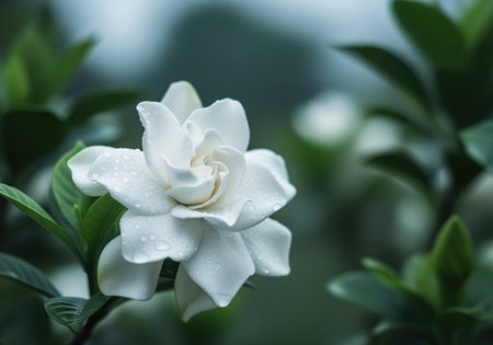 Pristine white gardenia flower covered in fresh water droplets, showcasing delicate petals and lush green foliage against a dark, blurred background. symbolizes purity and freshness.の素材