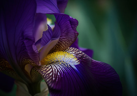 Deep purple iris flower in a tight macro view, showcasing the velvety texture of the petals and the intricate yellow and white beard structure. botanical detail and vibrant color.の素材