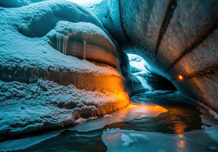 Glacial ice cave interior with a stream flowing through the narrow passage. the blue ice walls are dramatically illuminated by contrasting warm orange light, highlighting the frozen landscape and cold environment.の素材