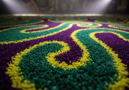 Deep pile shaggy carpet texture featuring a detailed, abstract, swirling pattern in vibrant purple, emerald green, and bright yellow. dramatic lighting highlights the luxurious textile surface.の素材