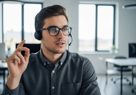 Young professional man wearing a headset and glasses communicating in a bright modern office. ideal for concepts like customer service, call center, and online consultation.の素材