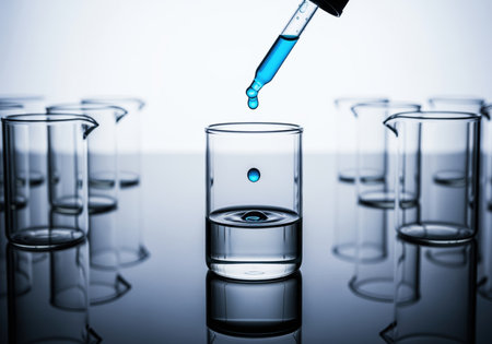 Blue liquid drop falling from a glass pipette into a beaker containing clear fluid, surrounded by laboratory glassware. concept of precise scientific research, analysis, and chemical testing in a lab setting.の素材