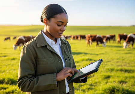 Young black woman farmer using a digital tablet in a sunny green field with grazing cattle. focuses on modern agriculture, smart farming, and livestock management technology.の素材